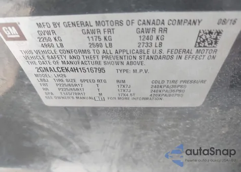 2017 Chevrolet Equinox Lt from USA, damaged, VIN 2GNALCEK4H1516795